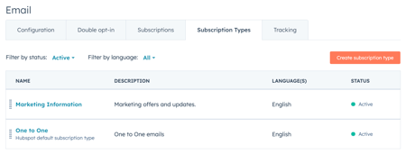 Marketing email subscription type settings, showing the option to create subscription types.