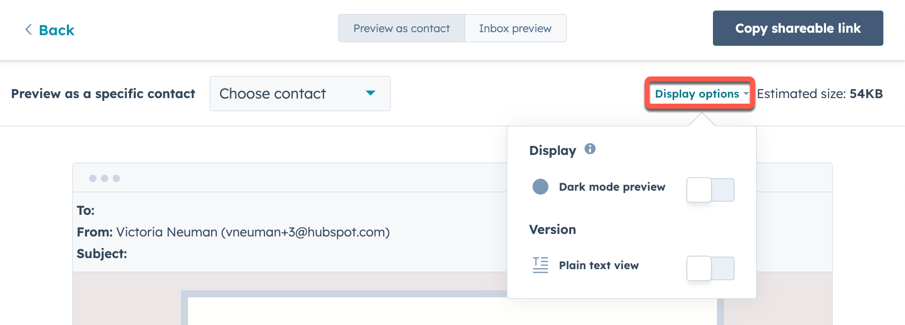 Display options menu in the email editor preview screen.