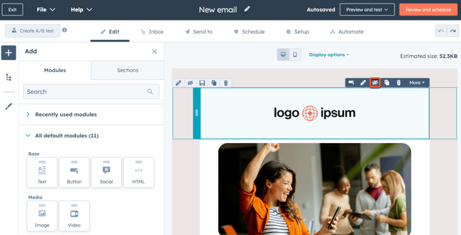 Email preview showing an example of hiding a module for a device type.