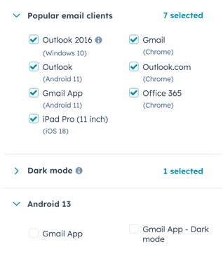 Checkboxes to select email clients in the inbox preview.