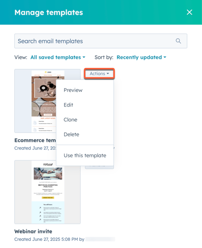 Marketing email template management, showing options to preview, edit, clone, and more.