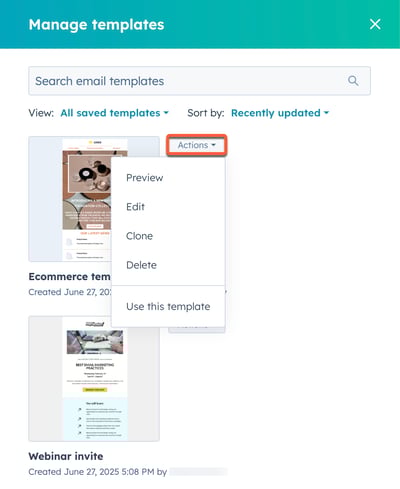 Marketing email template management, showing options to preview, edit, clone, and more.