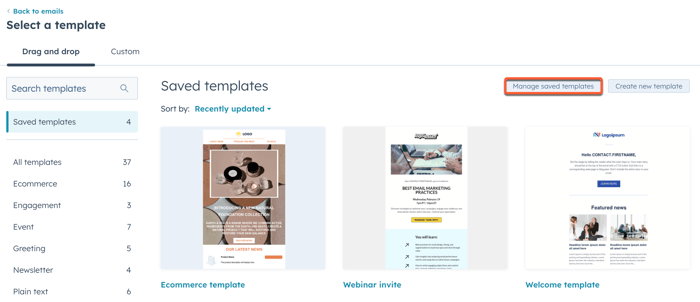 Marketing email template listing page, showing option to manage templates.