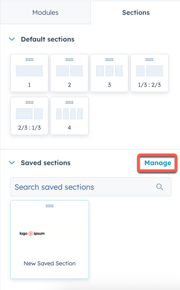 Section editing in the left sidebar menu with the Manage button highlighted.