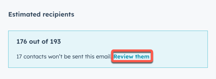 Estimated recipients banner in the email editor, with the Review them button highlighted.