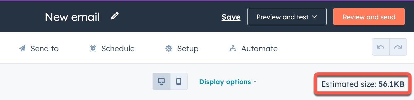 Image of the email editor, with the email size highlighted in the top right corner.