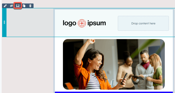 The section editing toolbar with the save icon highlighted.