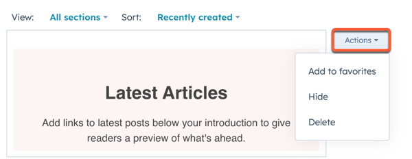 Manage saved section actions, showing options to Add to favorites, Hide, and Delete.