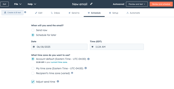 Email scheduling settings, showing options to send now or schedule for later with date, time, and time zone selections.