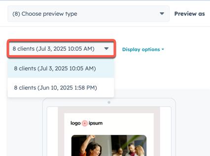Screenshot of the email client preview screen with the dropdown menu next to Display options highlighted.