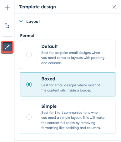 Template design icon in the left sidebar editor.