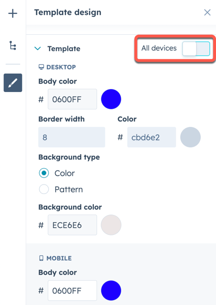 Screenshot of the sidebar editor in the email editor. The switched off All Devices toggle next to the Template section is higlighted