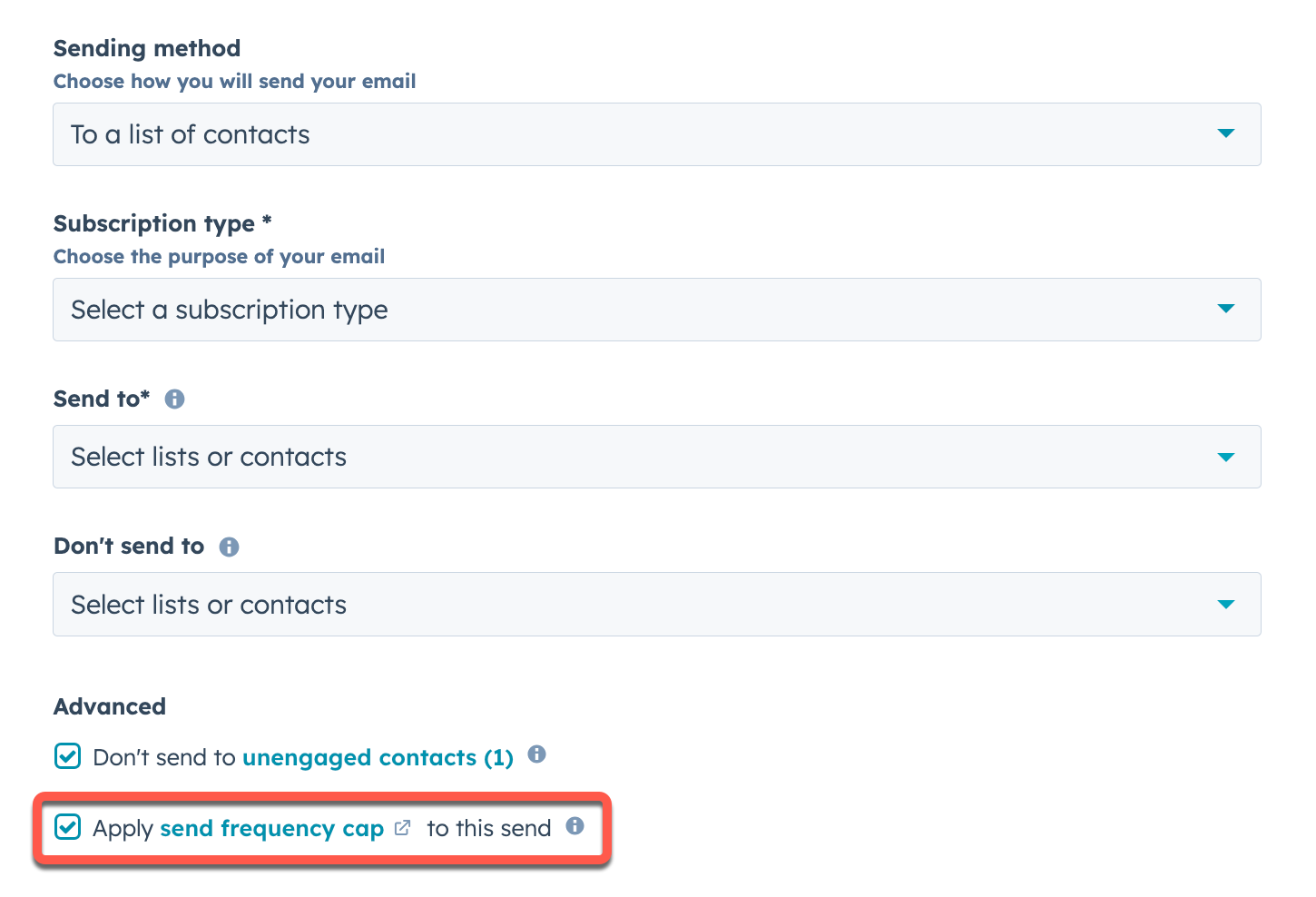 Image of the email editor, with the Apply send frequency cap to this send checkbox highlighted.