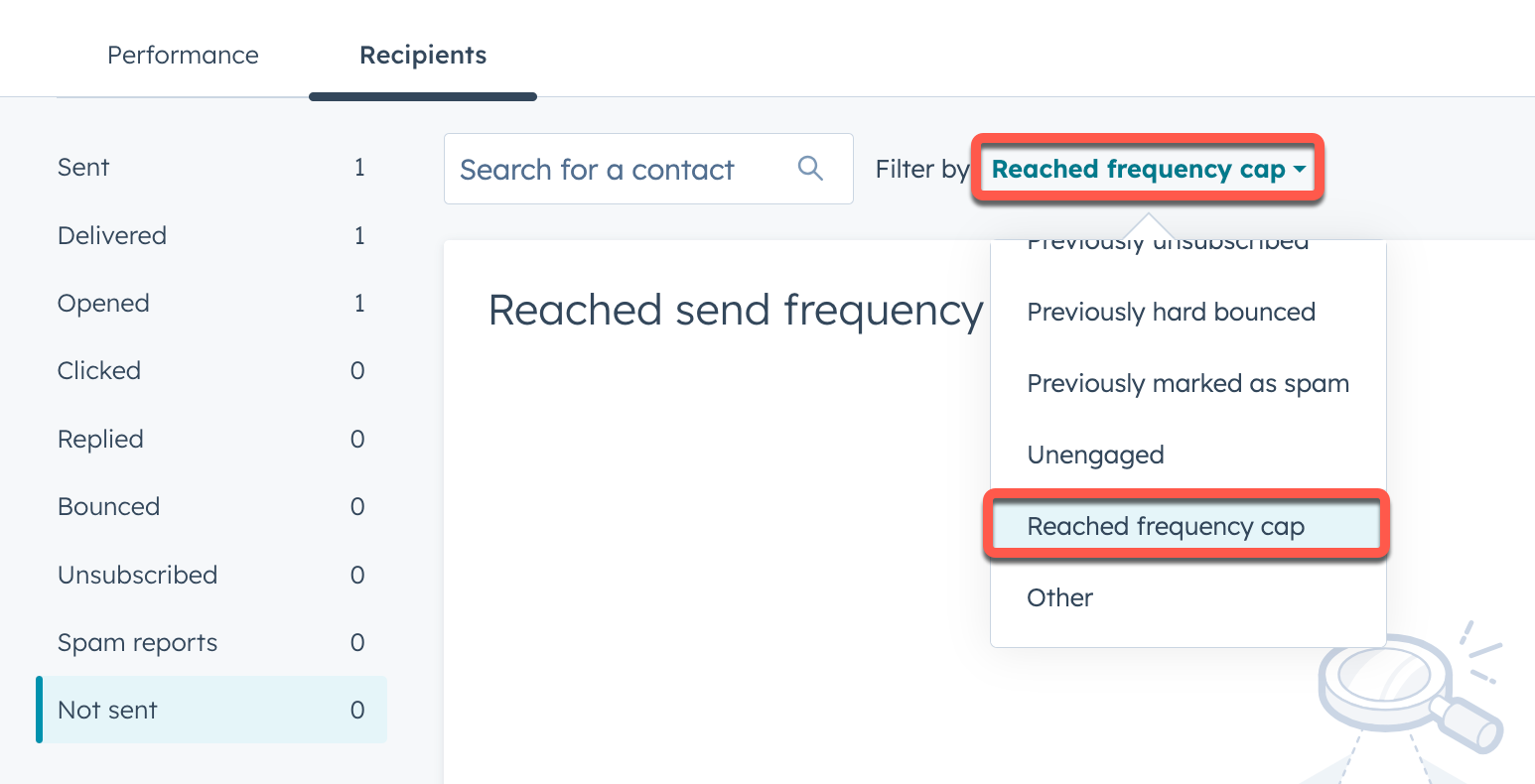 Screenshot of the email performance page. The Not Sent section of the Recipients tab has been selected. The filter by dropdown menu is highlighted, as is the Reached frequency cap option.
