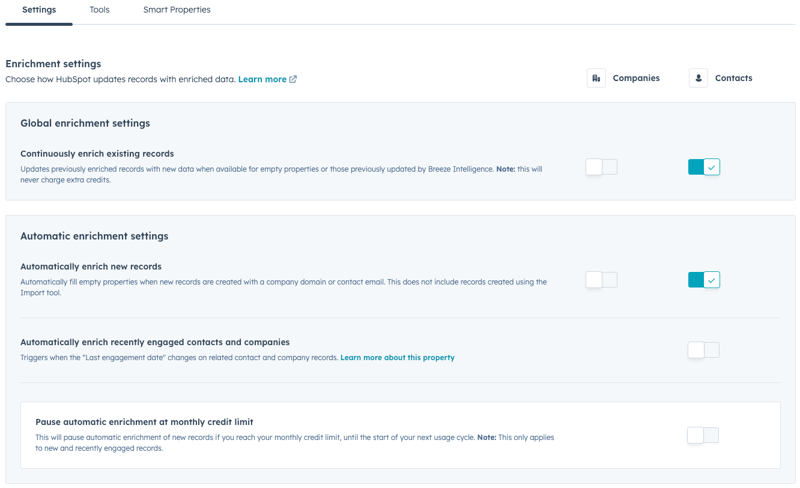Toggle controls for HubSpot's enrichment settings. "Continuously enrich existing records" and "Automatically enrich new records" are toggled on. "Automatically enrich recently engaged contacts and companies" and "Pause automatic enrichment at monthly credit limit" are toggled off.