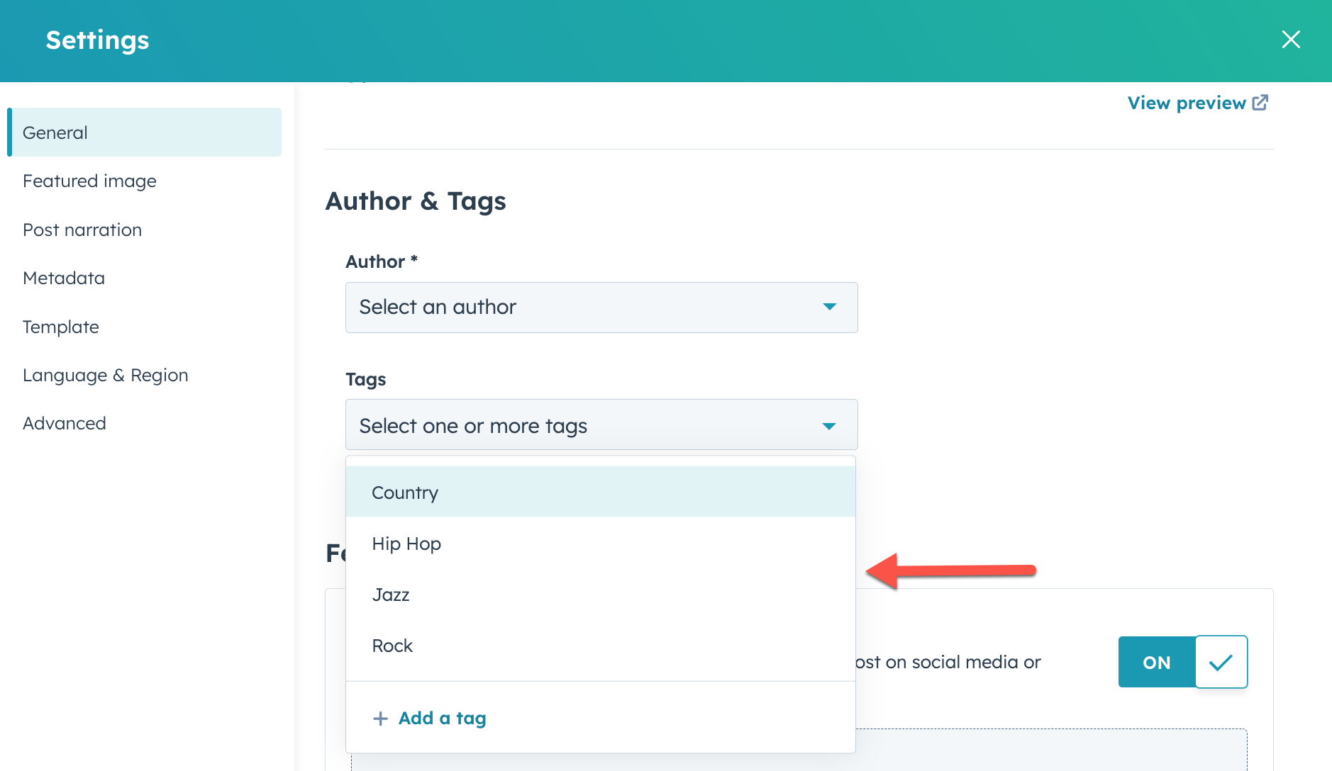 The "Settings" menu for a blog post is shown, with the "Author & Tags" section visible. A dropdown menu labeled "Author " with the placeholder "Select an author" is visible. Below it is a "Tags" section with a dropdown displaying the placeholder "Select one or more tags." The dropdown is open, revealing a list of existing tags: "Country," "Hip Hop," "Jazz," and "Rock." A red arrow points from the right towards the tags in the list. Below the list, a "+ Add a tag" option is visible.