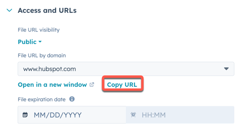 Screenshot of the HubSpot files tool with an .ics file selected. In the right panel, an orange box highlights the 'Copy URL' button.