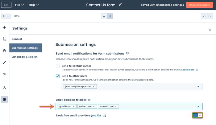 Form editor showing how to block certain email domains from submitting a form.