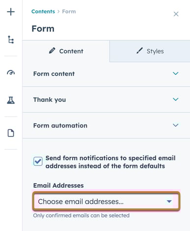 Éditeur de contenu, montrant le module de formulaire avec la possibilité de définir les destinataires de la notification de soumission de formulaire