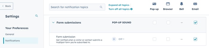 Les paramètres de notification, qui montrent les types de notification de soumission de formulaire.