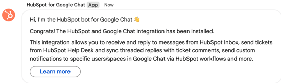 HubSpotボットがインストールを確認する新しいチャットを示すスクリーンショット。 