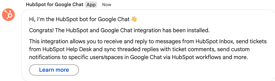 screenshot showing a new chat from the HubSpot bot confirming the installation.