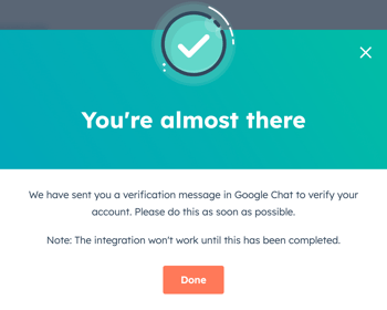 Pop-up window confirming that a verification message has been sent to Google Chat to link the account.