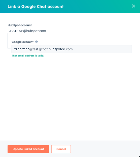 Dialog box to link a HubSpot account by entering a Google Workspace email address into a text field.