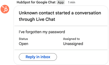 新しい受信ウェブチャットのGoogle Chatでの通知の例を示すスクリーンショット。 