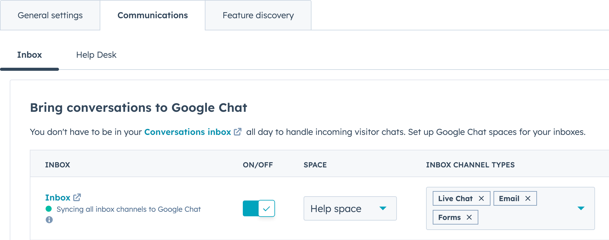 HubSpotの[Google Chatコミュニケーション]タブを示すスクリーンショット 