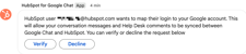A message from the HubSpot app in Google Chat with a button to click to verify the account connection.