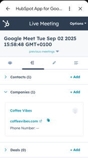 A screenshot of the Google Meet sidebar showing the Associations tab where you can view and map HubSpot records.