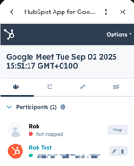 A screenshot of the Google Meet sidebar showing the Participants tab with an associated HubSpot contact record.