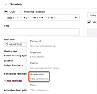 A screenshot of a pop-up window for scheduling a meeting in HubSpot, with a dropdown menu showing the Google Meet option.