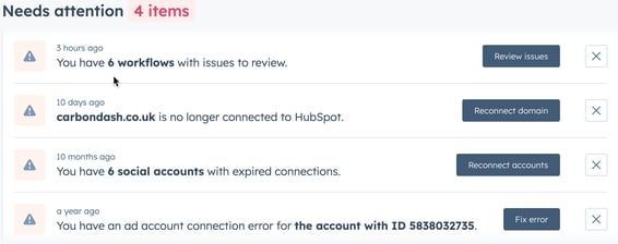 HubSpot 'Needs attention' section displaying account alerts, such as workflow errors, with action buttons.