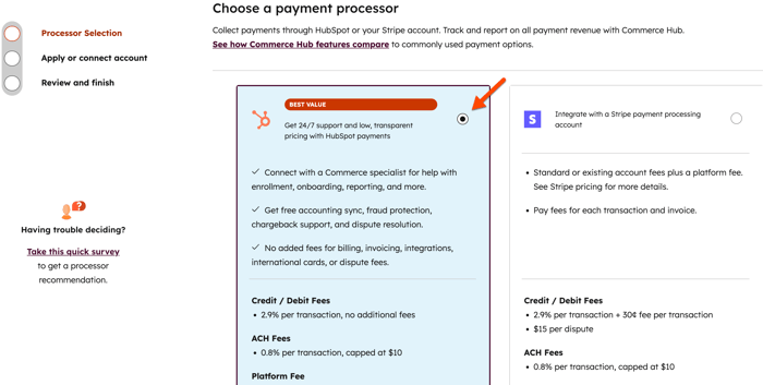 Screenshot showing the 'Processor selection' screen where 'HubSpot payments' is selected.