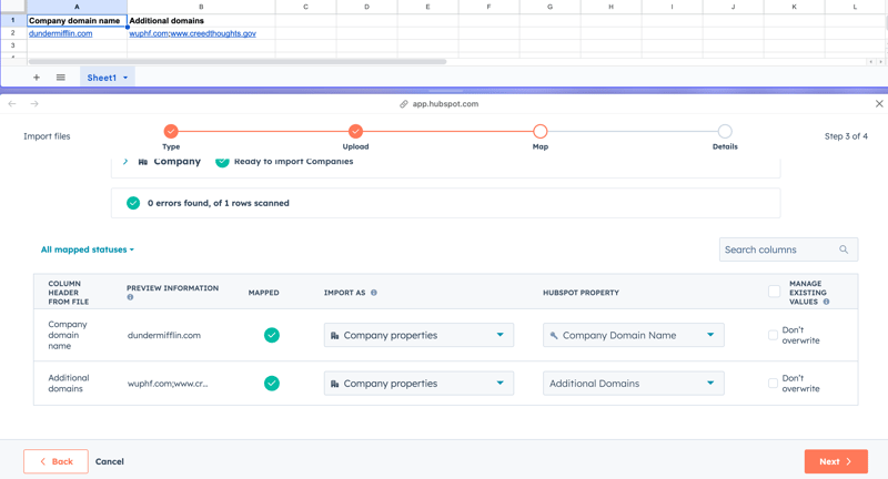 A HubSpot company import mapping screen. The top shows a spreadsheet with 'Company domain name' and 'Additional domains'. The bottom shows the mapping for these columns, linking 'Additional domains' from the file to the 'Additional Domains' HubSpot property.