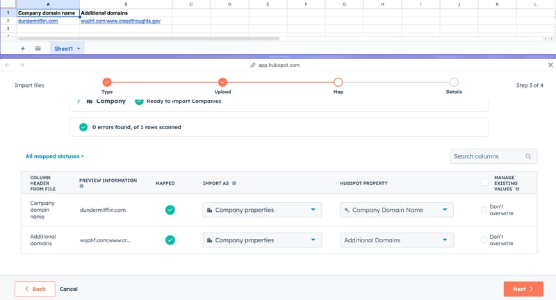 A HubSpot company import mapping screen. The top shows a spreadsheet with 'Company domain name' and 'Additional domains'. The bottom shows the mapping for these columns, linking 'Additional domains' from the file to the 'Additional Domains' HubSpot property.