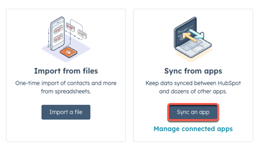 screenshot showing the Sync an app button in HubSpot