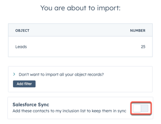 screenshot showing the Salesforce sync toggle in HubSpot to add contact from Salesforce import to inclusion list.