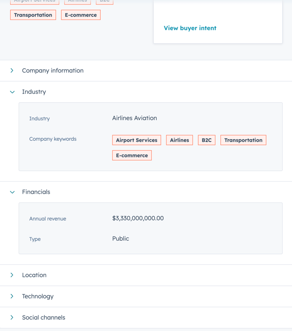 Intelligence tab of a company record showing an expanded "Industry" section. Also visible is the "Financials" section with "$3,330,000,000.00" annual revenue and "Public" as the type