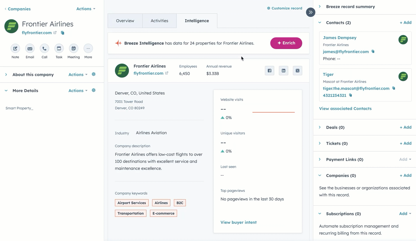 GIF image showing the intelligence tab on a company record. The user clicks Enrich record and navigates in a panel to review properties to enrich.