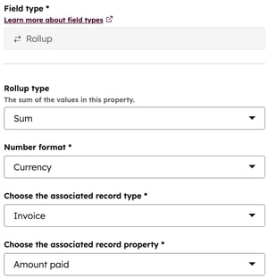 Screenshot of rollup property settings for the Total invoice amount on invoices