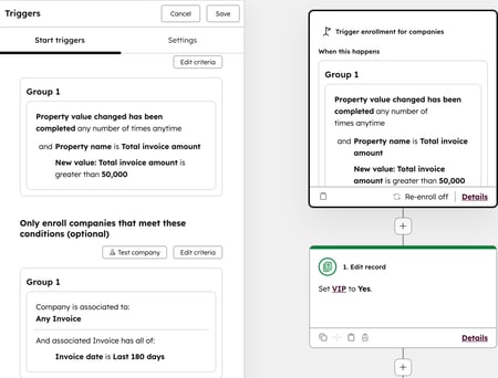Screenshot of a workflow that sets the VIP property based on total invoice amount and last invoice date