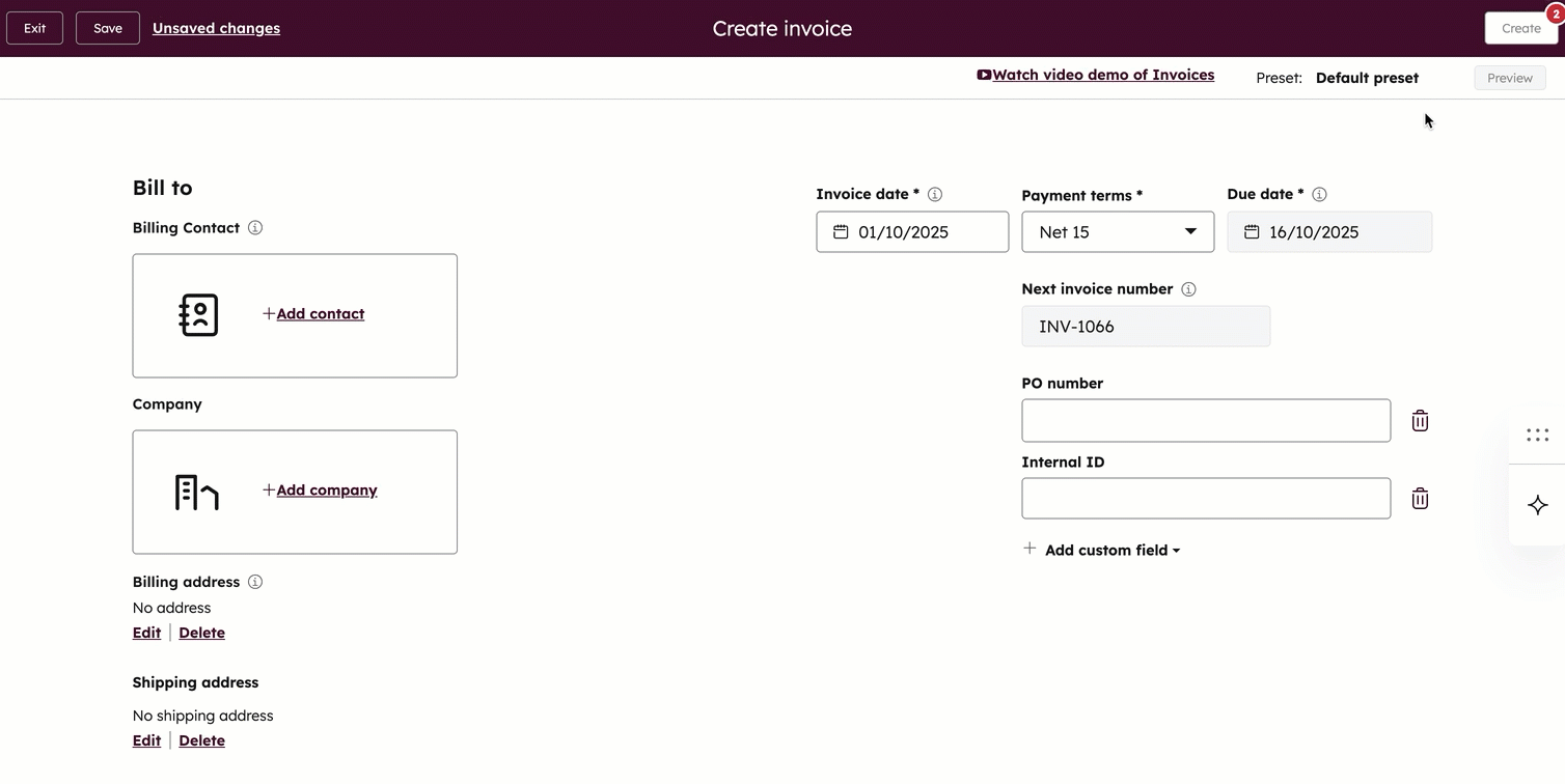 A GIF showing how to select an invoice preset.