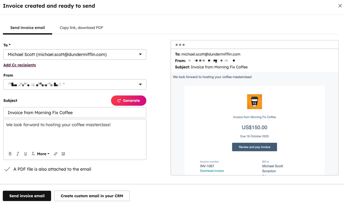 The Send invoice email tab of the invoice editor, with a preview of the email on the right.