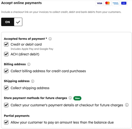 The Payment collection section of the invoice editor, with the Send invoice to request payment from the customer option selected and the Accept online payments switch toggled on.