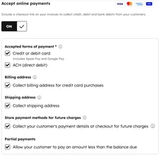 The Payment collection section of the invoice editor, with the Send invoice to request payment from the customer option selected and the Accept online payments switch toggled on.