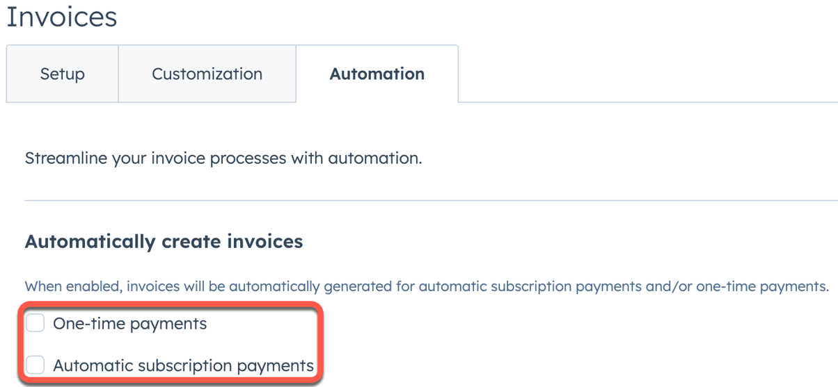 Screenshot of automated invoice creation settings for one-time payments and subscriptions.
