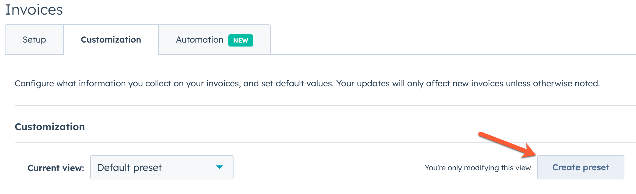 Screenshot of the 'Create preset' button on the invoice customization tab.